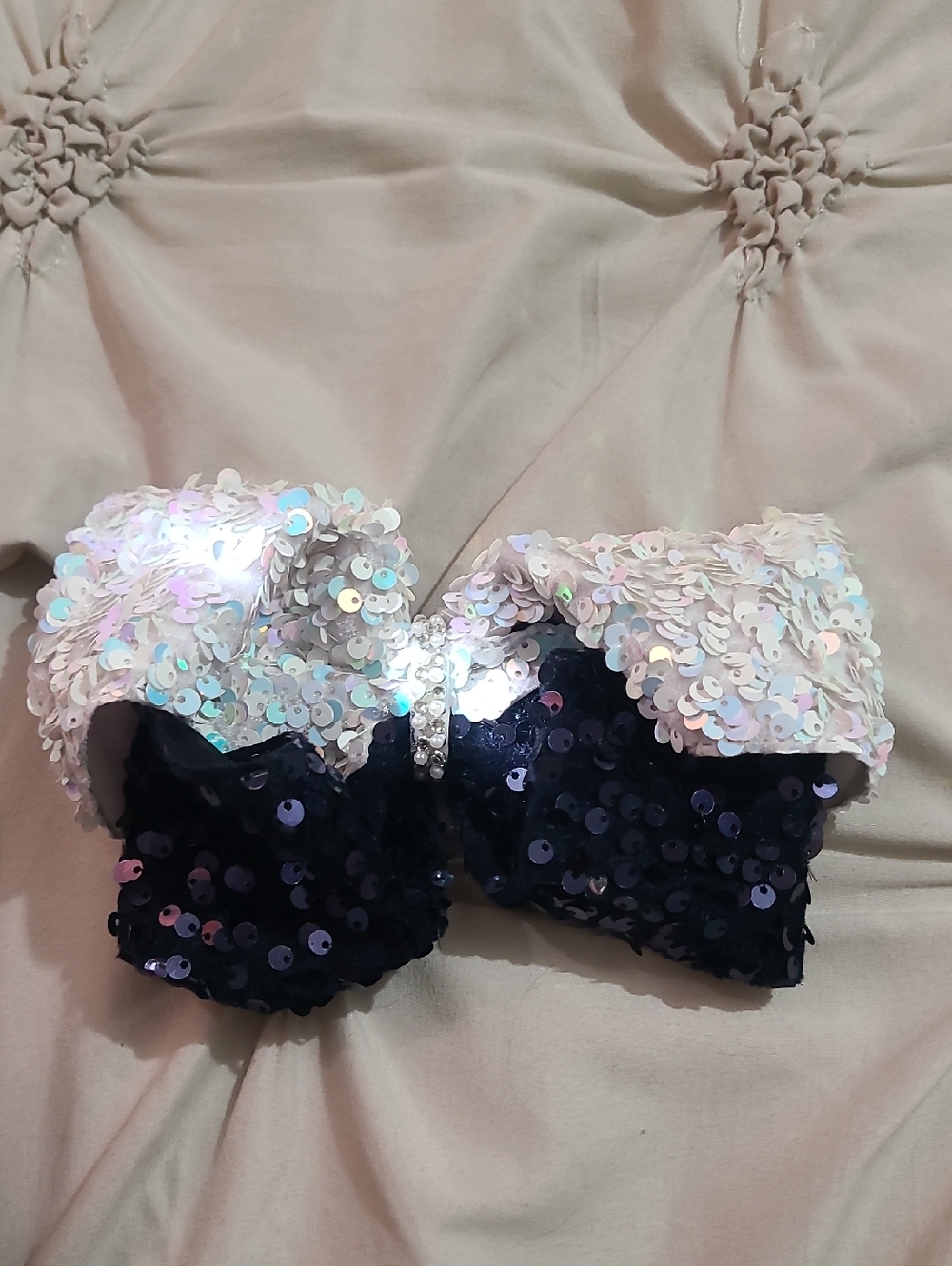 Sequin Bow Hair Clip in Iridescent White and Black